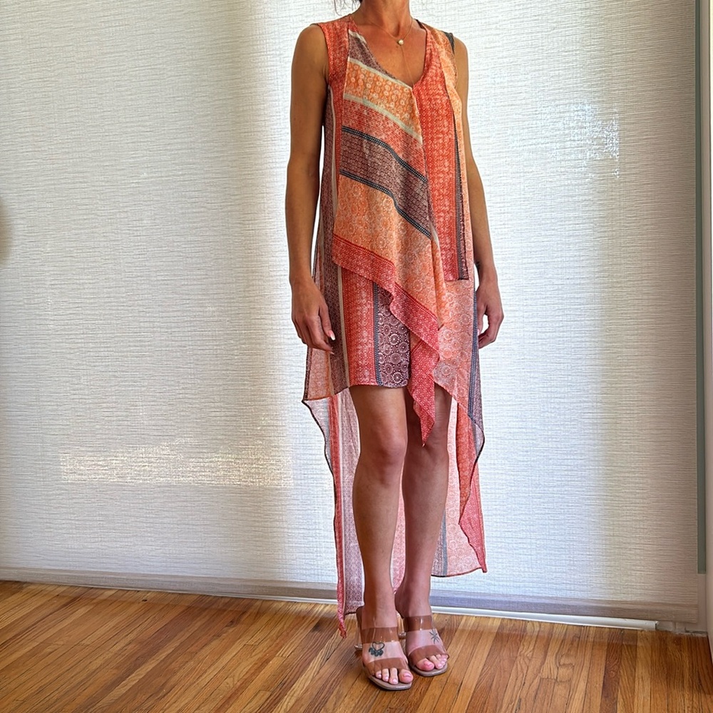 BCBG flowy dress high-low XS, with nude color slip. Pink multicolor print